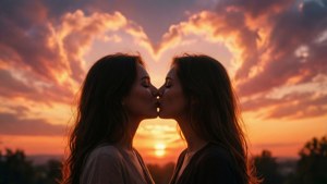 석양을 배경으로 실루엣으로 비치는 LGBTQ+ 커플의 키스와 하트 모양 구름.