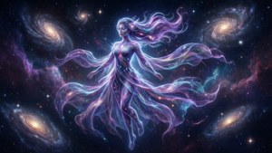 아스트라가 별과 은하와 함께 우주에 떠 있습니다