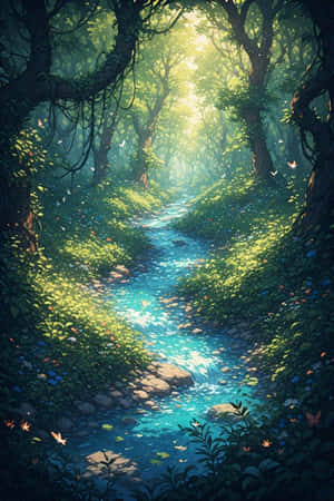 애니메이션, 강, 숲, 야생, 초록, 생동감, 평온, 덩굴, 햇빛, 새, 나비, 자연, 풍경, 4K — 아이폰 4 배경화면