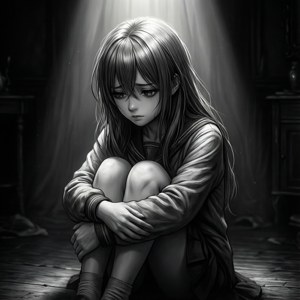 어두운 방 안에서 극적인 조명 아래 웅크리고 있는 슬픈 애니메이션 소녀 — 슬픈 애니메이션 GIF 배경화면