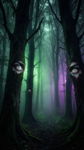 어둡고 안개 낀 숲 속에서 빛나는 눈이 지켜보고 있습니다. — 트리피 다크 에스테틱 배경화면