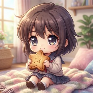 별 모양 쿠키를 들고 행복해하는 치비 우시오 — 인피닉스 제로 플립 배경화면