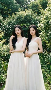 부드러운 햇살 아래 푸른 정원에서 흰 드레스를 입은 트와이스. — 트와이스 배경화면
