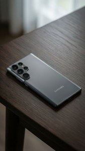 어두운 나무 책상 위에 놓인 S24 Ultra와 부드러운 주변 조명이 어우러진 세련된 배경화면.