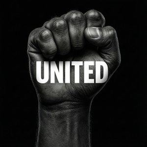 검은 주먹과 'UNITED' 텍스트, 타이포그래피 스타일 — 트루 블랙 배경화면