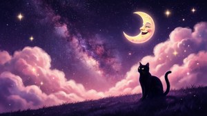 환상적인 미적 감각의 은하수 밤하늘, 미소 짓는 달과 고양이 실루엣 — 귀여운 감성 GIF 배경화면