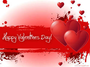 사랑의 빨간 하트와 그 옆에 흰색으로 쓰인 "Happy Valentine's Day" 문구, 빨간 배경 위에 빨간 페인트가 튀겨져 있습니다. — 4:3 배경화면