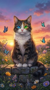 초원에서 서로 다른 색깔의 눈을 가진 아름다운 고양이 — 애니메이션 고양이 배경화면