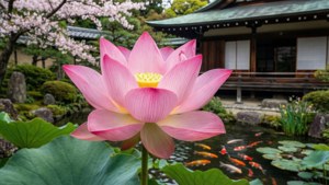 일본 정원의 연꽃, 잉어, 전통 건축물, 벚꽃이 어우러진 봄 풍경. — 연꽃 배경화면