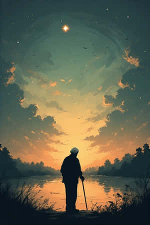 노인 실루엣, 지팡이, 호수, 황혼, 고요함, 부드러운 오렌지, 초록 하늘, 뭉게구름, 별 하나 — 초록색 하늘 배경화면
