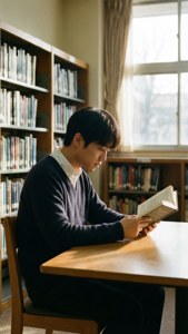 학교 도서관에서 책을 읽고 있는 타쿠 — 파도 배경화면