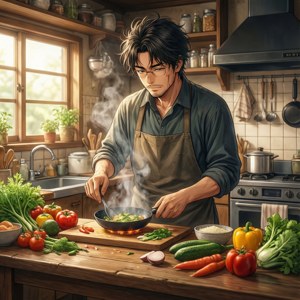 토메 쿠라타가 따뜻한 조명과 신선한 식재료가 있는 아늑한 주방에서 요리하고 있습니다. — 픽셀 워치 배경화면