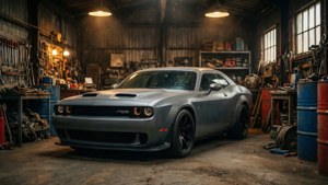 빈티지 차고에 있는 회색 Dodge Challenger Demon 4K 배경화면