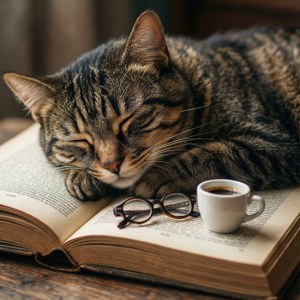 안경과 커피가 있는 책 위에서 자고 있는 고양이 — 고양이 배경화면