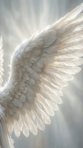 신성한 빛으로 빛나는 정교한 흰 천사 날개, 순결을 상징합니다. — 화이트 감성 배경화면