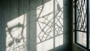 하얀 콘크리트 벽에 드리운 추상적인 그림자 패턴, 예술적이고 모던한.