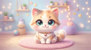 아기 고양이, 고양이, 치비, 카와이, 귀여움, 일러스트레이션, 만화, 파스텔, 반려동물, 동물, 큰 눈, 사랑스러움, 페어리 라이트, 아늑함, 방, 인테리어, 디지털 아트, 3D 렌더링, 달콤함, 털복숭이