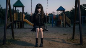 황혼 무렵 그네에 앉아 있는 슬픈 애니메이션 소녀. 배경화면