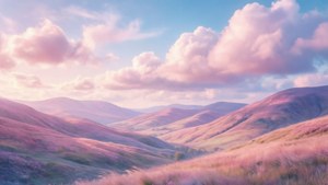 부드러운 미적 풍경, 파스텔 톤의 구릉과 몽환적인 구름. — 소프트 감성 GIF 배경화면
