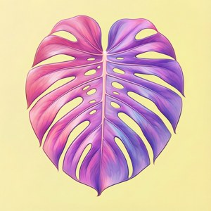 노란색 배경에 파스텔 그라데이션이 들어간 열대 몬스테라 잎 윤곽선. — 화웨이 노바 플립 S 배경화면