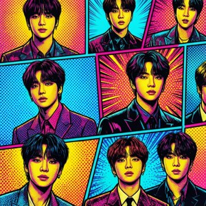팝아트 만화 스타일의 BTS, 선명한 색상. — 픽셀 워치 3 배경화면