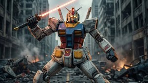 파괴된 도시 한가운데서 극적인 전투 자세를 취한 RX-78-2 건담.