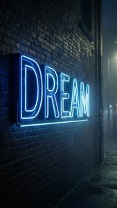 안개 낀 골목길 벽돌 벽에 어두운 파란색 네온 'DREAM' 간판. — 다크 블루 감성 GIF 배경화면