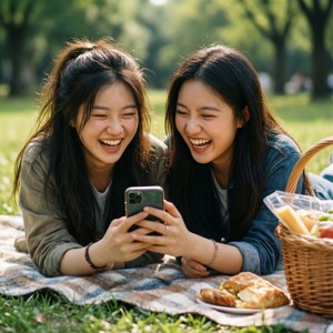 소풍 중 핸드폰을 보며 웃는 절친들, 자연스럽고 행복한 배경화면 — 픽셀 워치 배경화면