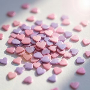 흰색 바탕에 파스텔 핑크와 라벤더색 하트 모양 시퀸, 부드럽고 로맨틱한 분위기. — 화웨이 노바 플립 배경화면