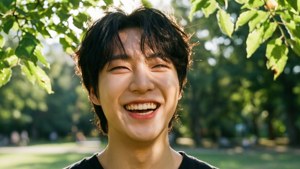 햇살 가득한 공원에서 한이 웃고 있는 자연스러운 순간