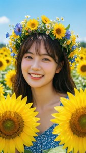 해바라기 밭에서 꽃 왕관을 쓴 감성적인 소녀.