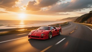 일몰 속 해안 고속도로를 질주하는 빨간색 페라리 F40