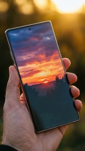 S24 Ultra를 손에 쥐고 일몰 배경화면